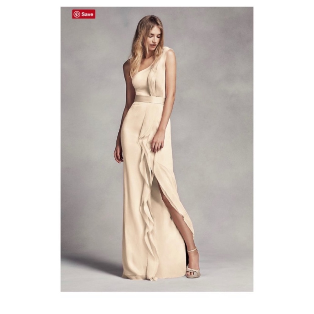 Long one-shoulder bridesmaids dress with ruffles